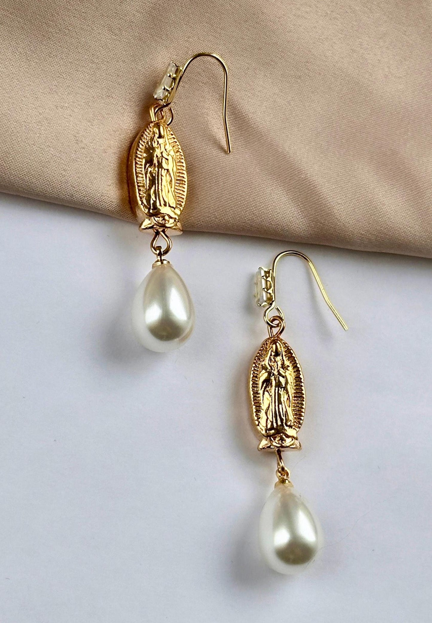 Our Lady Of Guadalupe Earrings, Virgin Mary Gold Earrings, Pearl Teardrop Earrings, Baptism Earrings, Religious Earrings, Religious Gifts