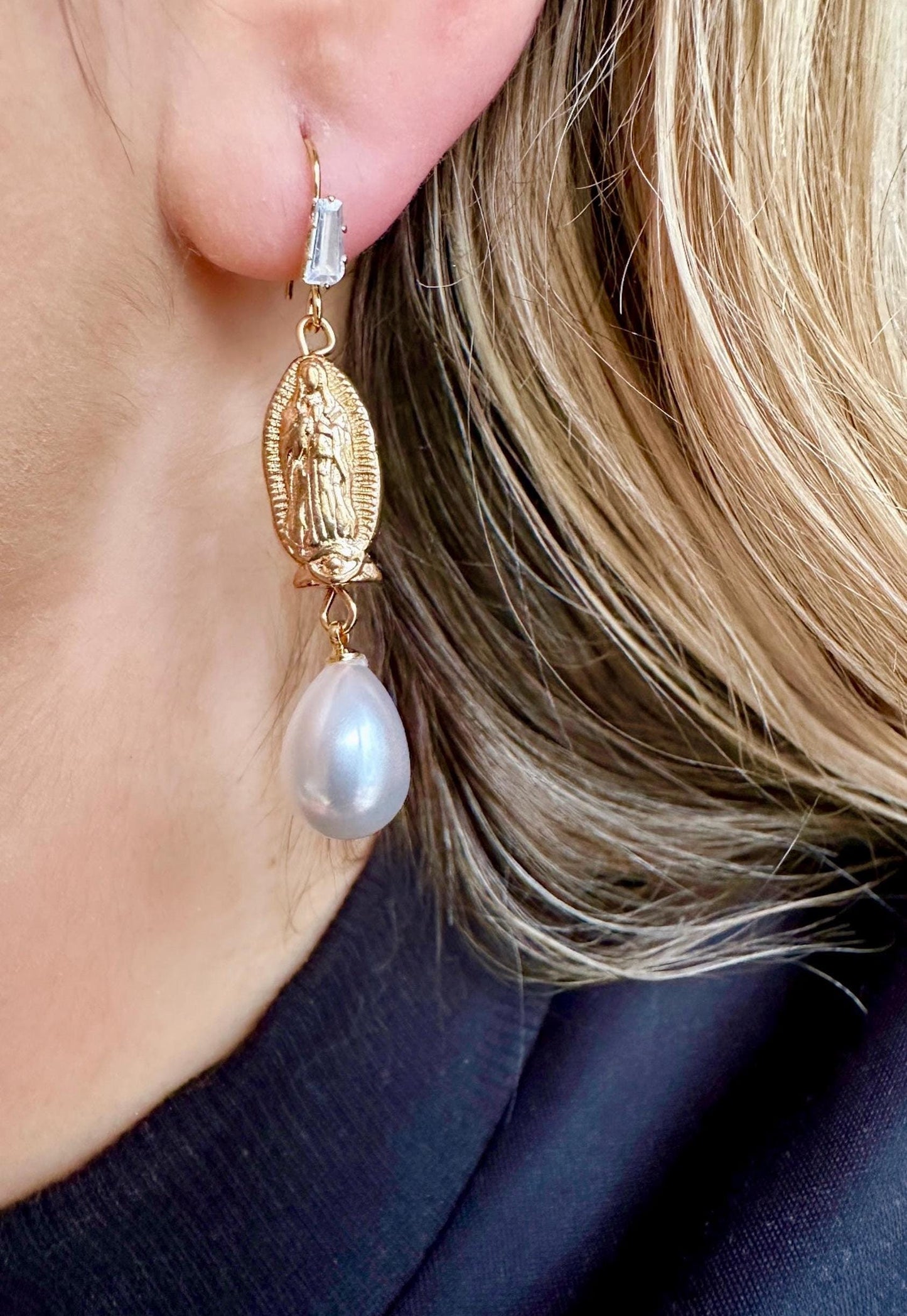 Our Lady Of Guadalupe Earrings, Virgin Mary Gold Earrings, Pearl Teardrop Earrings, Baptism Earrings, Religious Earrings, Religious Gifts