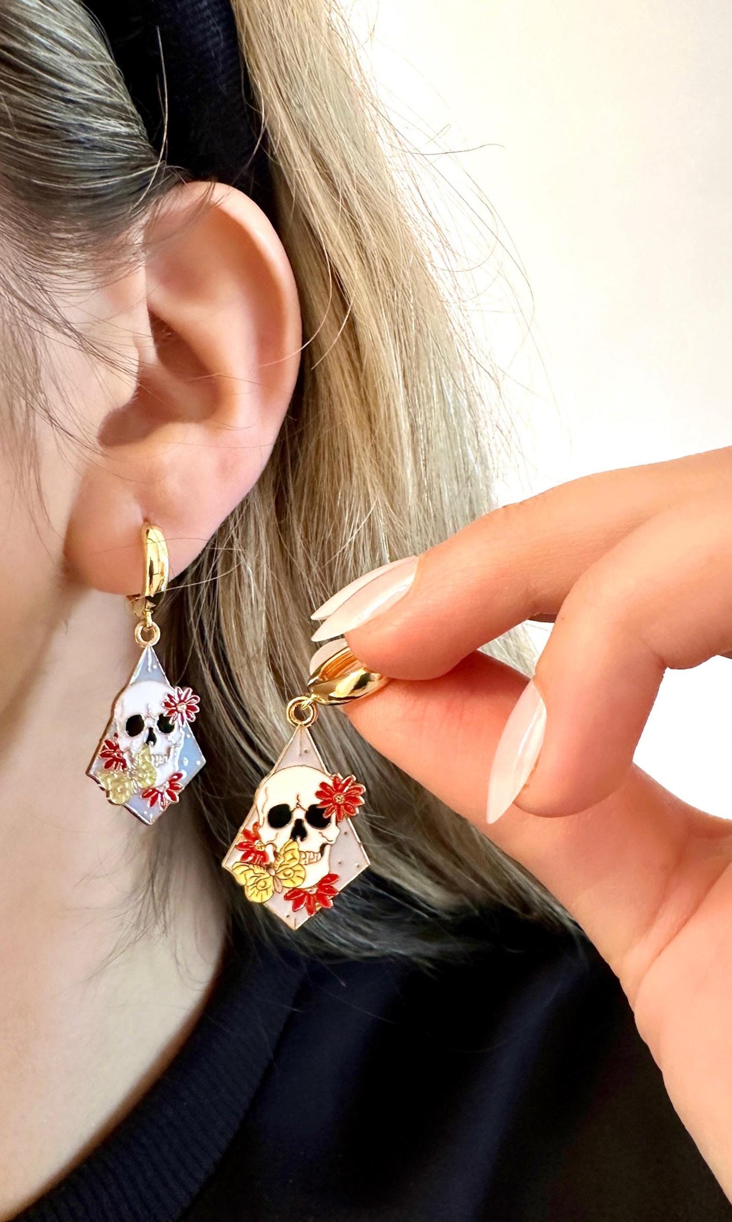 Floral Skull Earrings, Skull Hoop Earrings, Skeleton Dangle Earrings Halloween Hoop Earrings Stainless Steel Hoop Earrings Non Tarnish Hoops