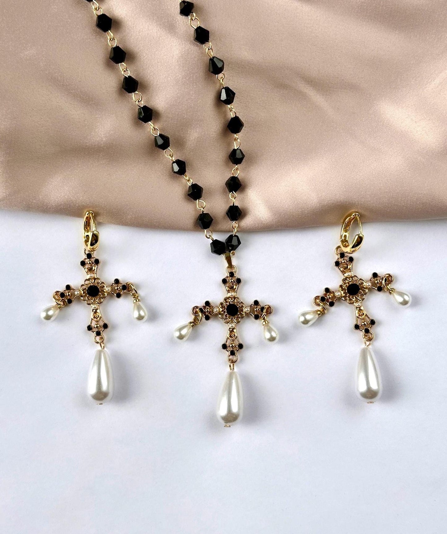 Pearl Cross Earrings, Renaissance Earrings, Tudor Earrings, Halloween Earrings, Medieval Earrings, Tudor Jewelry, Medieval Jewelry