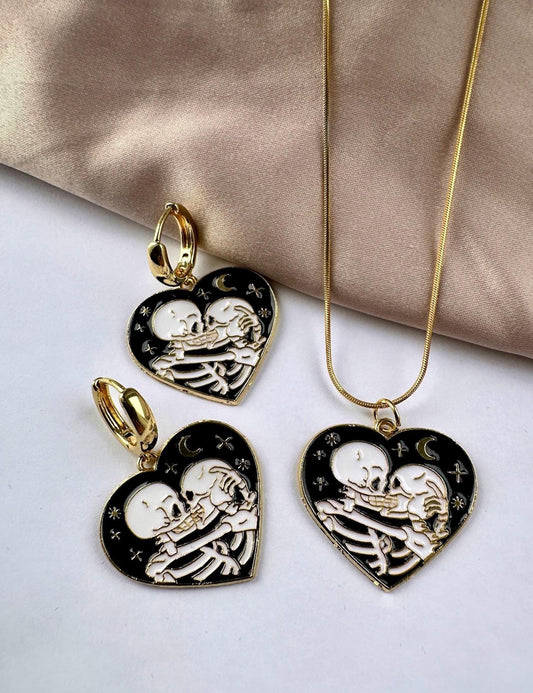 Skeleton Kissing Necklace, Skeleton Lovers Pendant, Skeleton Jewelry Set, Skeleton Hoop Earrings, Skeleton Bride Jewelry, Skeleton Heart