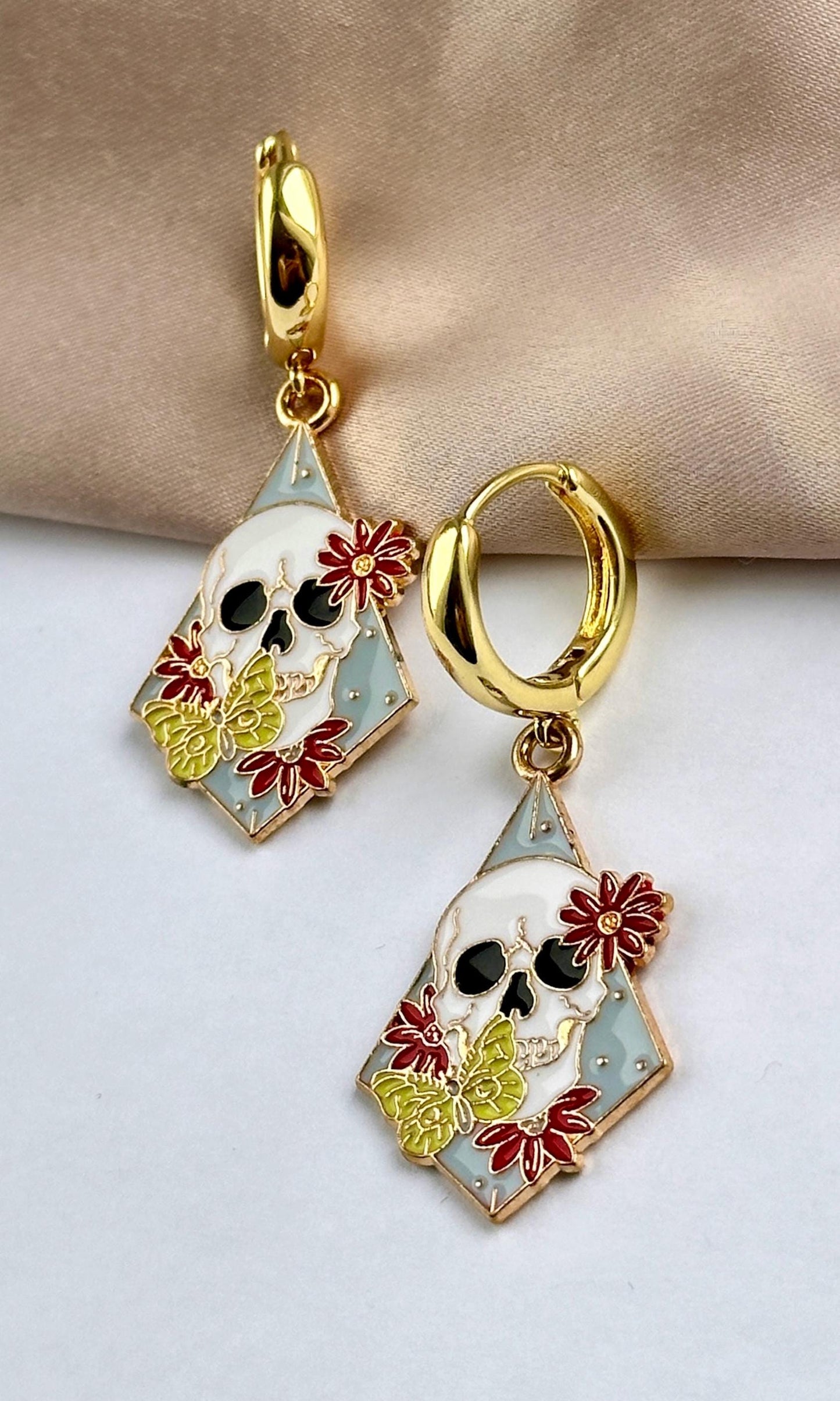 Floral Skull Earrings, Skull Hoop Earrings, Skeleton Dangle Earrings Halloween Hoop Earrings Stainless Steel Hoop Earrings Non Tarnish Hoops