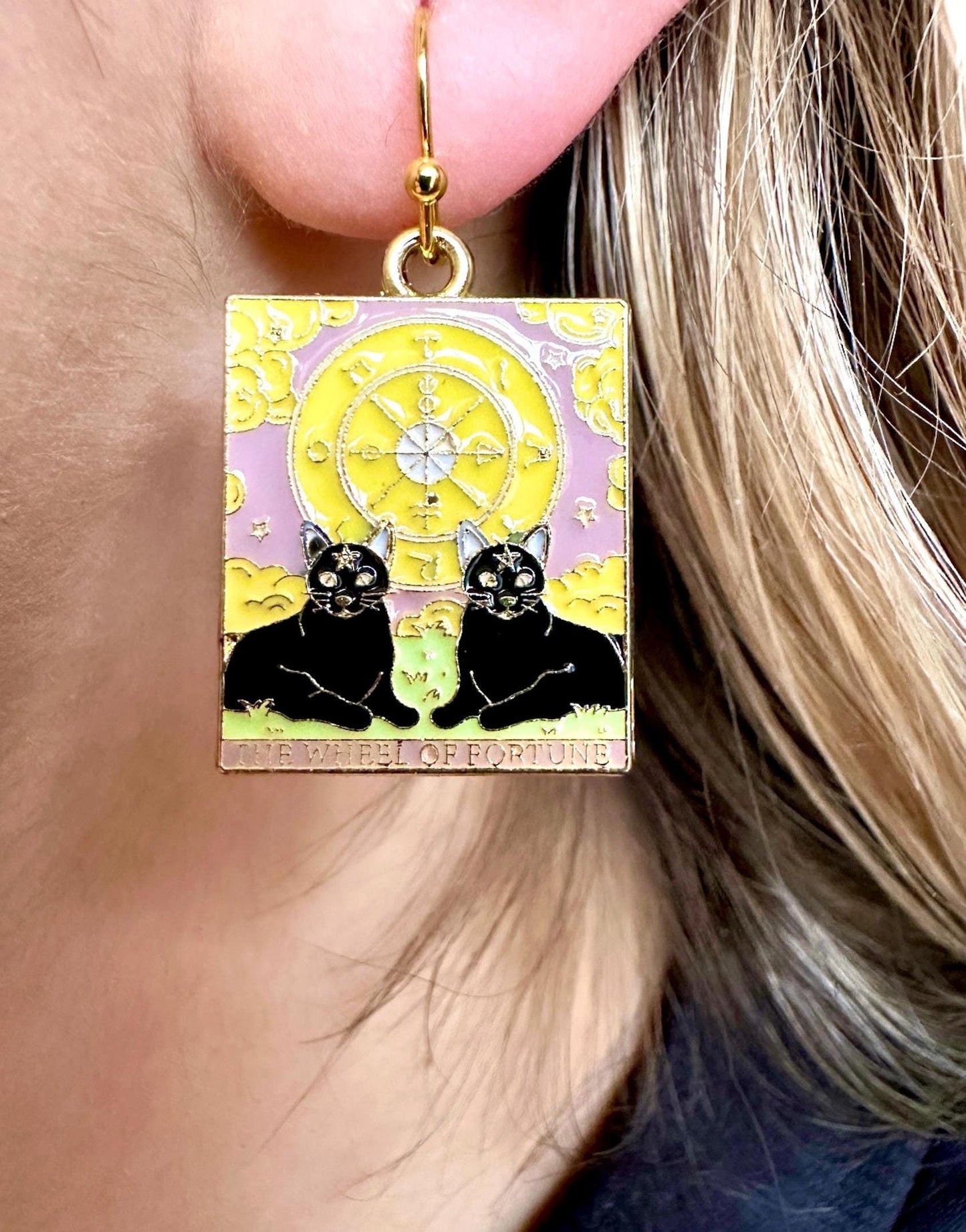 Halloween Cat Earrings, Tarot Earrings, Cat Jewelry Set, Black Cat Earrings, Wheel Of Fortune Necklace Cat Tarot Necklace Black Cat Necklace